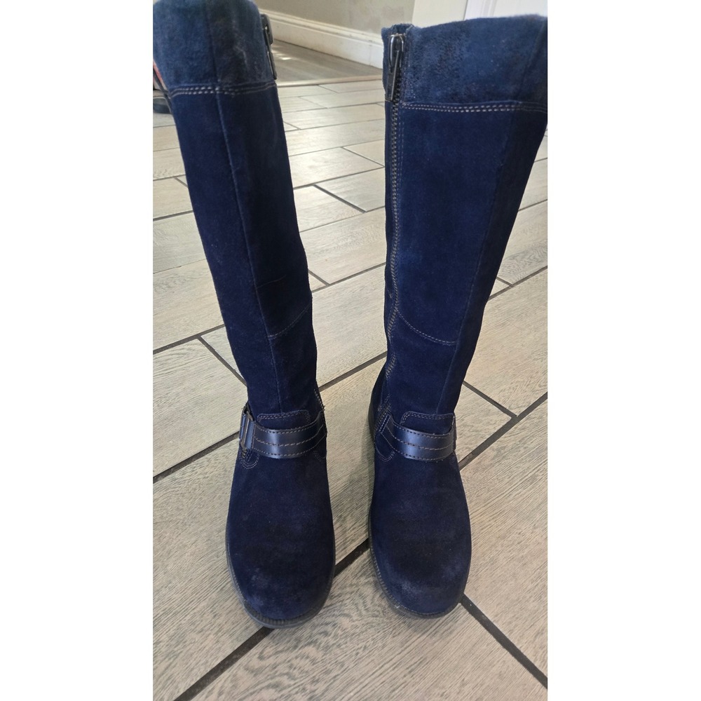 Earth Origins Portia Navy Blue Suede Tall Boots Womens 8M Buckle Zip Knee High